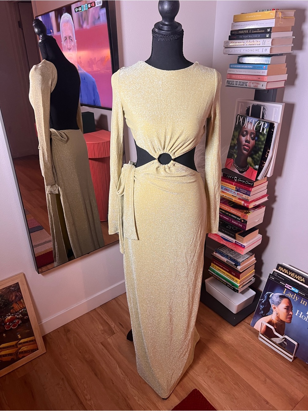 Meshki Gold Long-Sleeve Cutout Maxi Dress with Ring Detail